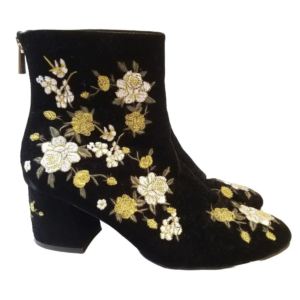 Forever 21 Topshop Womens Boots Sz 8 Black Velvet Floral Feminine Side Zip Shoes